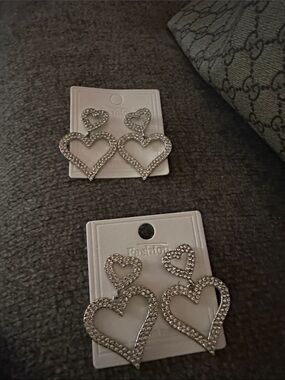 Rhinestone Double Heart Drop Earrings - Silver Tone fashion only